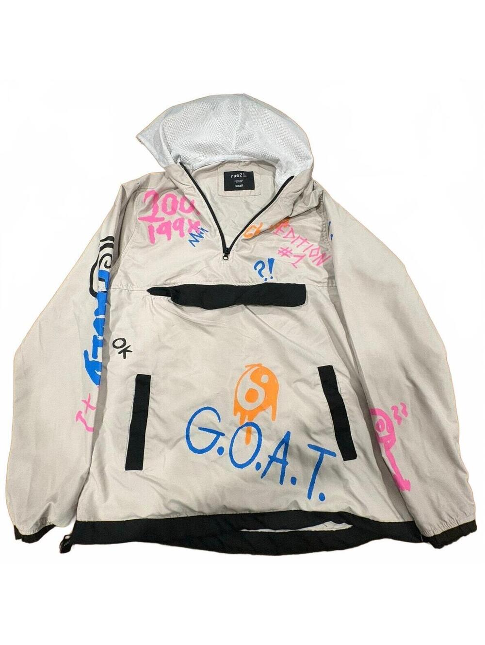 rue21 Cream Graffiti Print Half-Zip Hooded Windbreaker Jacket-340